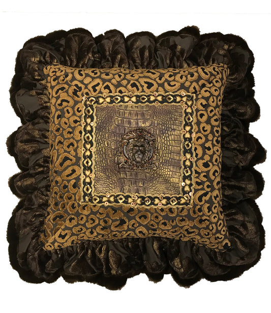 Designer Ruffled Leopard Accent Pillow With Jeweled Lion Medallion