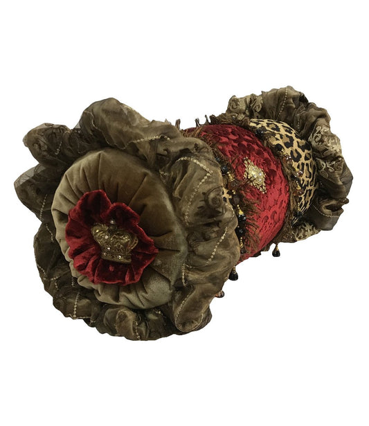 Luxury Decorative Bolster Pillow Red Velvet Ruffled With Jeweled Crown