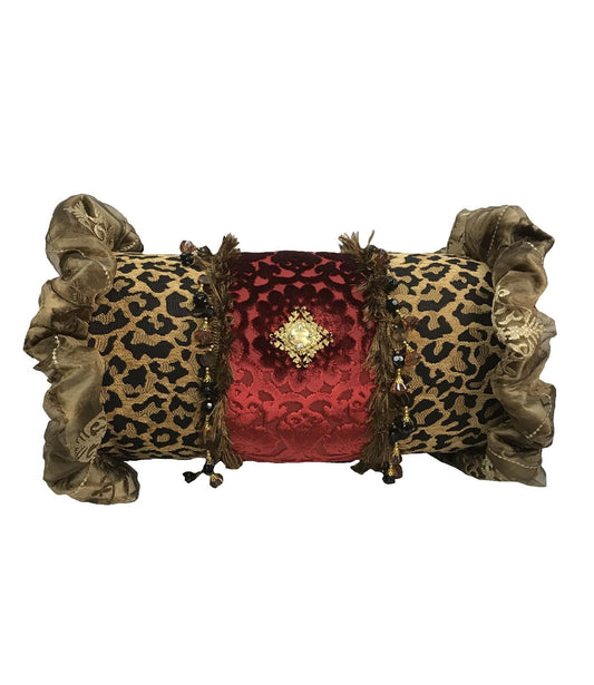 This Old World Style Luxury Bolster Pillow combines a Milk Chocolate Velvet with Spa Green Leopard Print for a perfect combination! The Luxury Bolster pillow is adorned with a medallion that is embellished with Swarovski Crystals! 18"x 8"