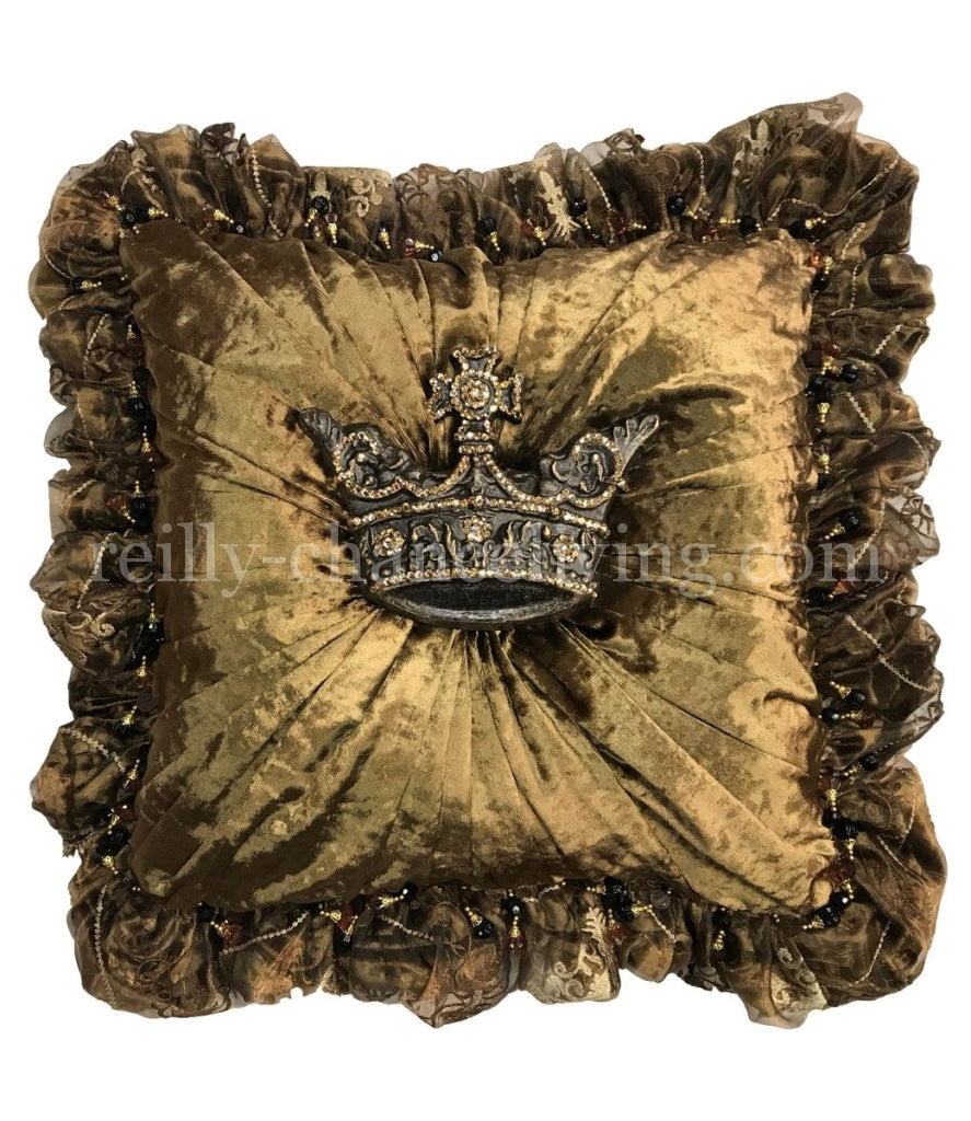 Luxury Decorative Pillow Bronze Velvet Ruffled with Jeweled Crown