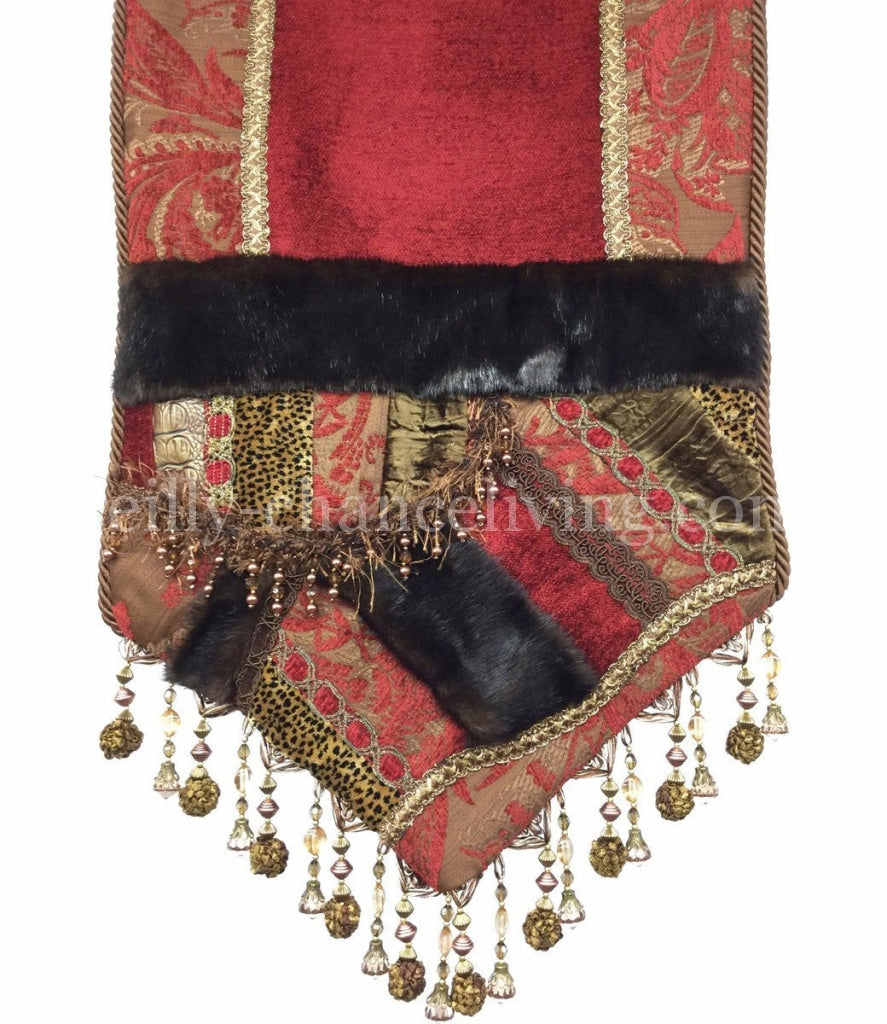 Luxury_table_runner-red_brown_chenille-faux_mink-beads-embellished-reilly_chance_collection