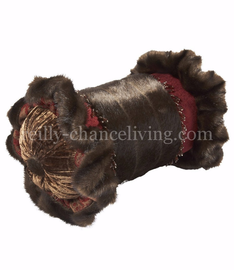 Luxury_accent_pillow-faux_mink-red-bolster-ruffled-beads-reilly_chance_collection