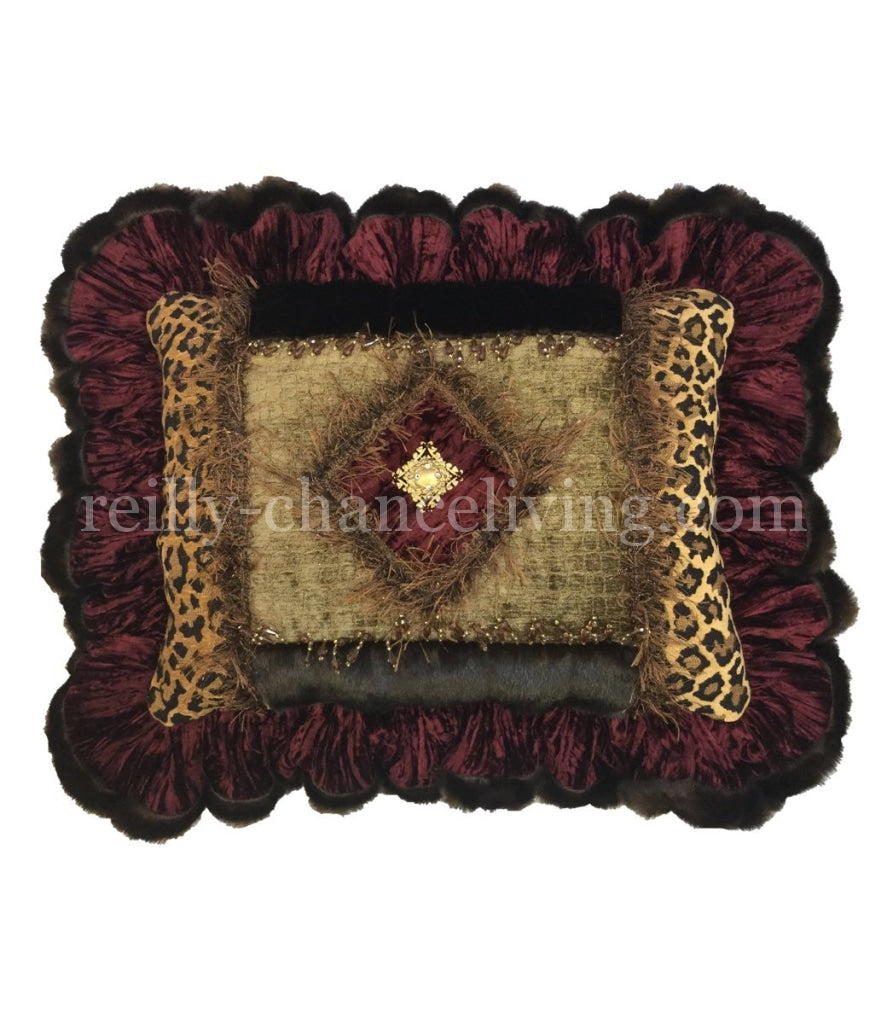 Ruffled Decorative Pillow Burgundy And Leopard Print 20X15