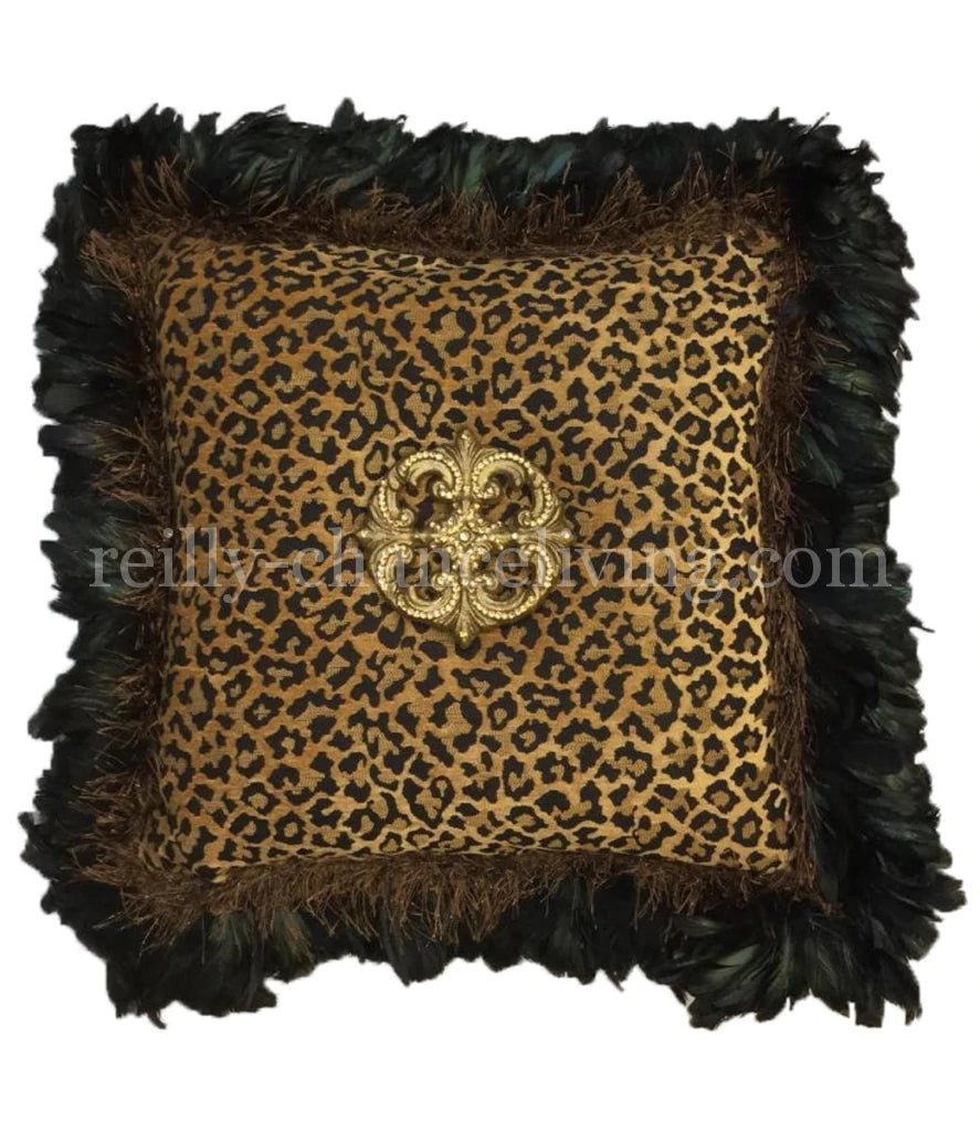 Leopard Chenille Square Accent Pillow With Feathers  and Jeweled Medallion 21x21