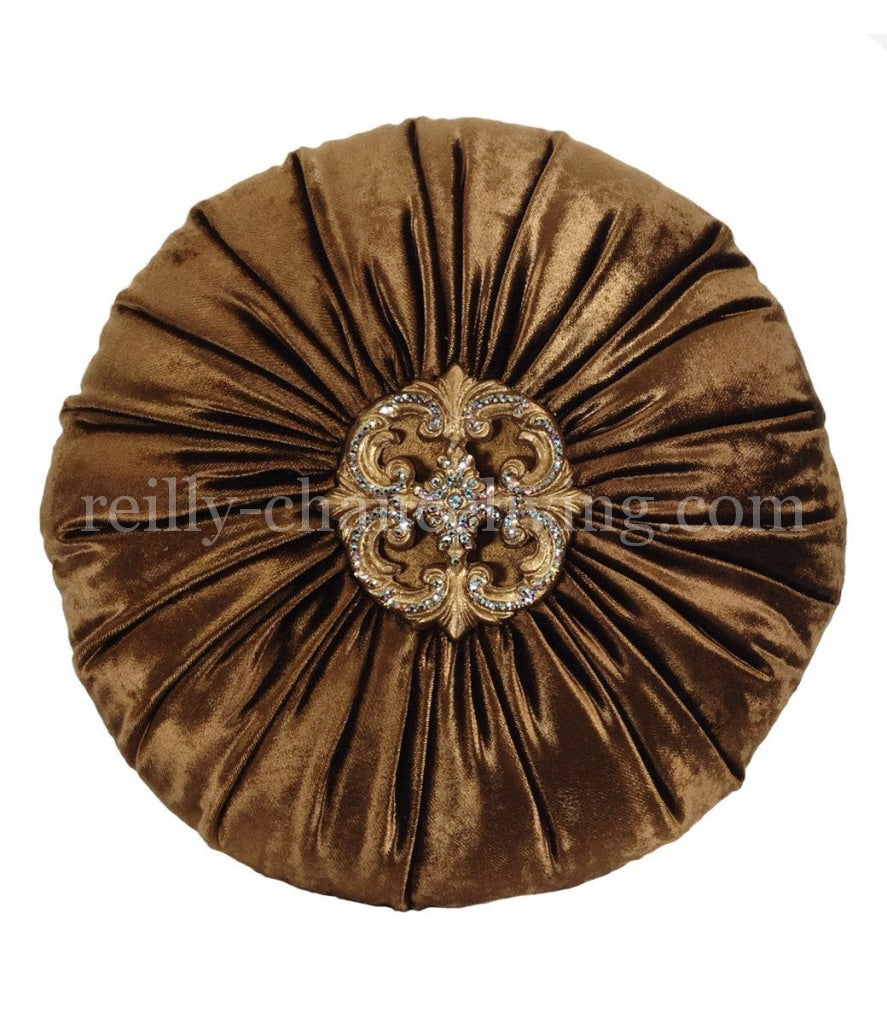 Luxury_decorative_pillow-round-bronze_velvet-swarovski_crystals-medallion-bling-reilly_chance_collection