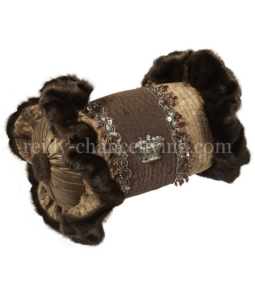 Luxury_decorative_pillow-chocolate_brown-tan-croc_chenille-ruffled-embellished-bolster-reilly_chance_collection