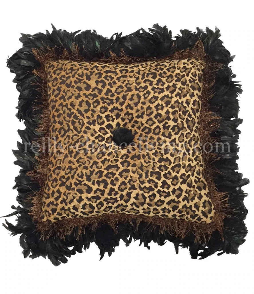 Leopard Chenille Square Accent Pillow With Feathers 21x21