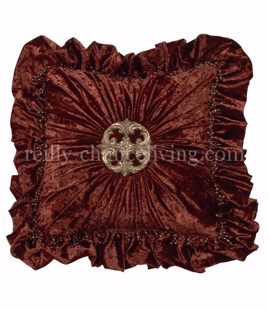 Luxury_decorative_pillow-square-ruffled-rust_velvet-swavorski_crystal_medallion-bling-beads-reilly_chance_collection