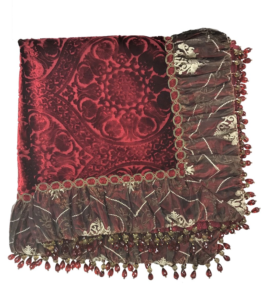 Luxury Christmas Table Throw Red Cut Velvet With Beads Holiday Runners/ Throws