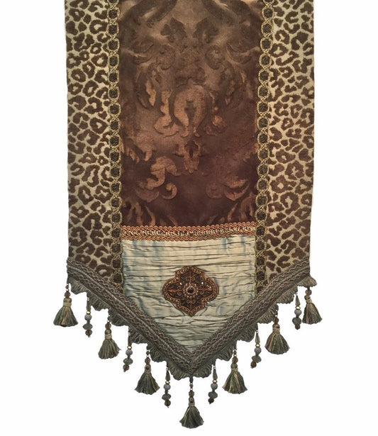 Luxury_table_runner-spa_green_silk-leopard-brown_velvet-tassel_fringe-reilly_chance_collection