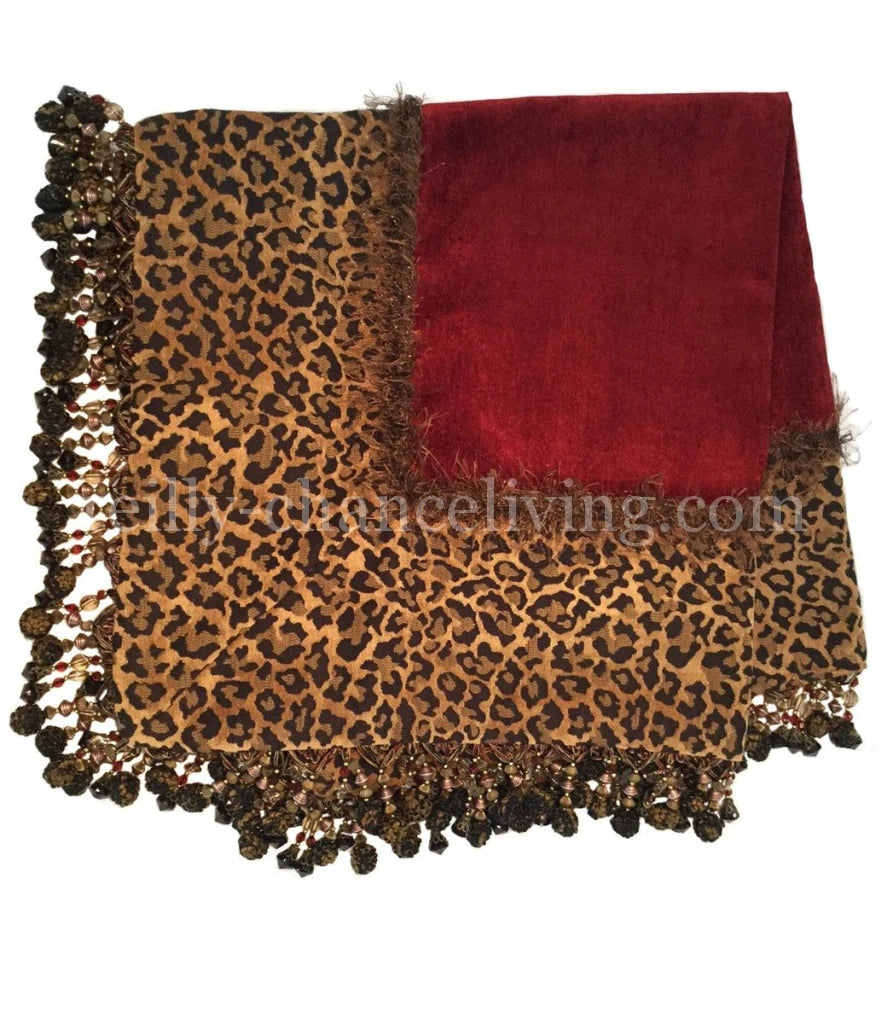Red Chenille and Leopard Print Table Square with Beads