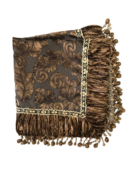 Luxury Square Table Topper Chocolate Brown Acanthus With Brown Crushed Velvet