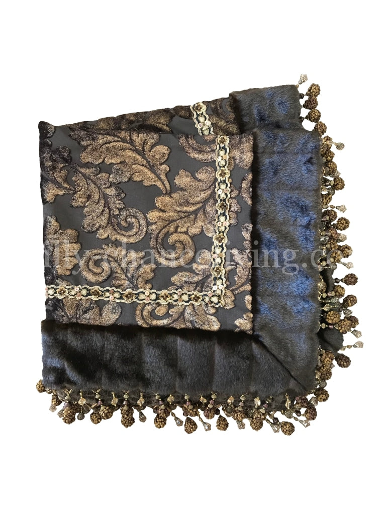 Luxury Square Table Topper Chocolate Brown Acanthus with Faux Mink