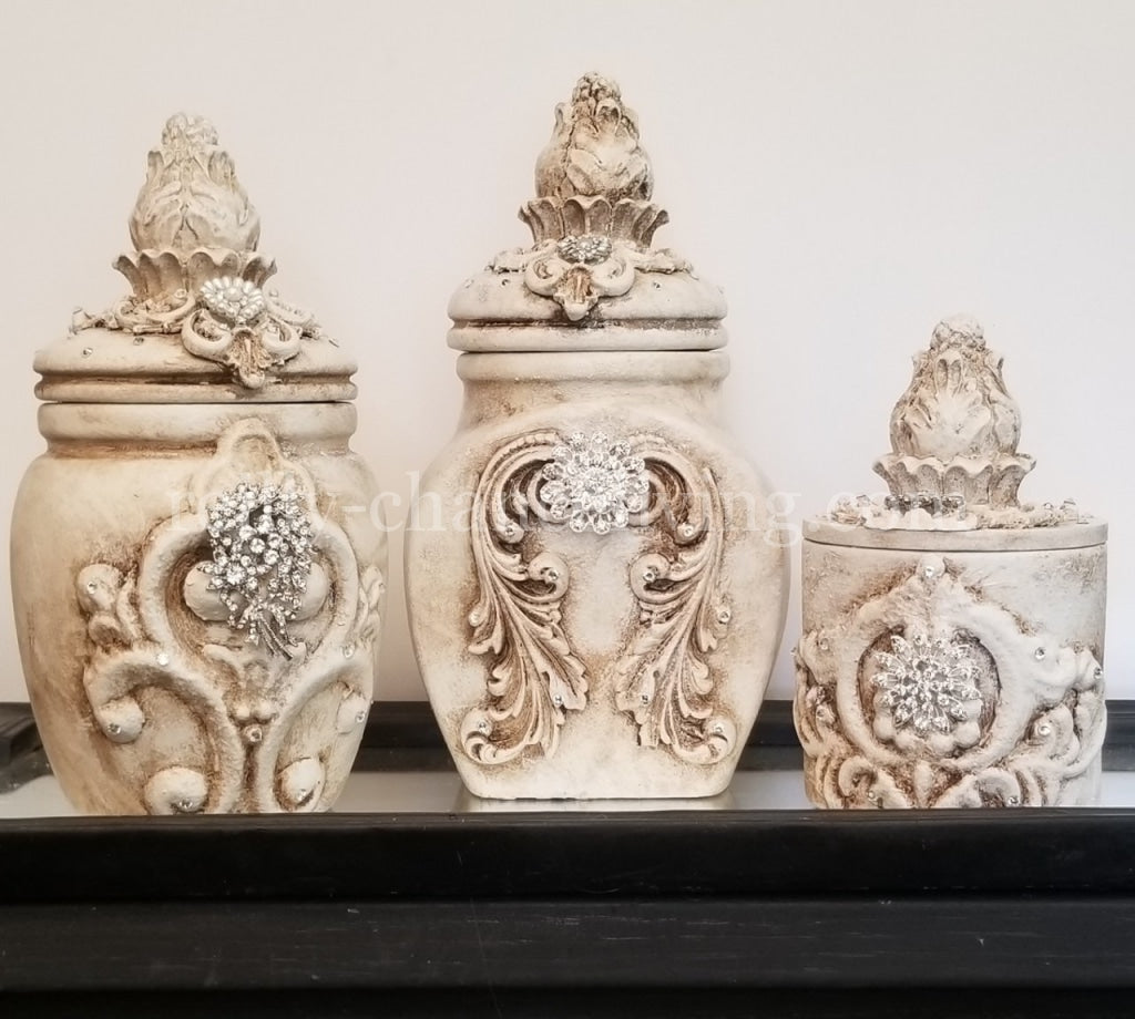 Michelle Butler Set of 3 Decorative Jeweled Canisters Jars with Acanthus