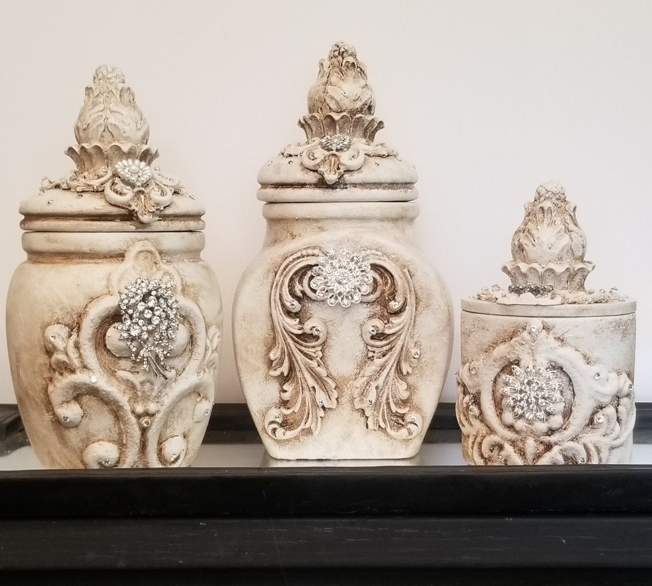 Michelle Butler Set Of 3 Decorative Jeweled Canisters Jars With Acanthus Plaques & More