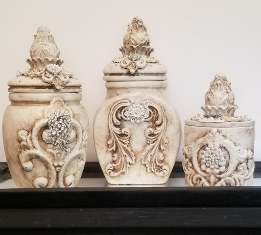 Michelle Butler Set Of 3 Decorative Jeweled Canisters Jars With Acanthus Plaques & More