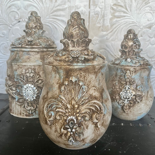 Michelle Butler Set of 3 Decorative Jeweled Canisters Jars with Acanthus Spa Finish