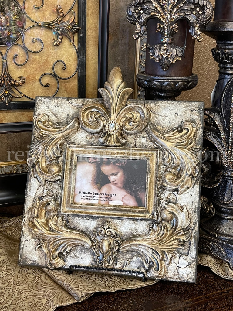 Michelle Butler Heirloom Tabletop Frame with Jeweled Fleur de Lis and Scrolls