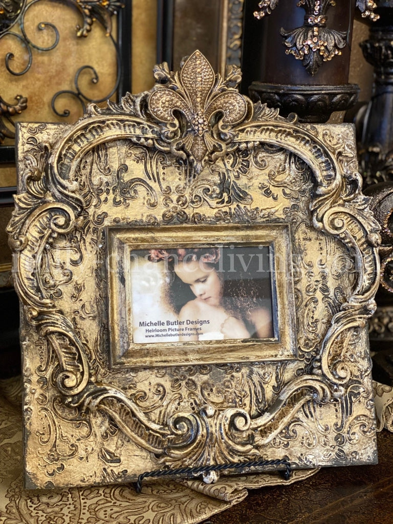 Michelle Butler Tabletop Frame with Jeweled Fleur de Lis and Scrolls