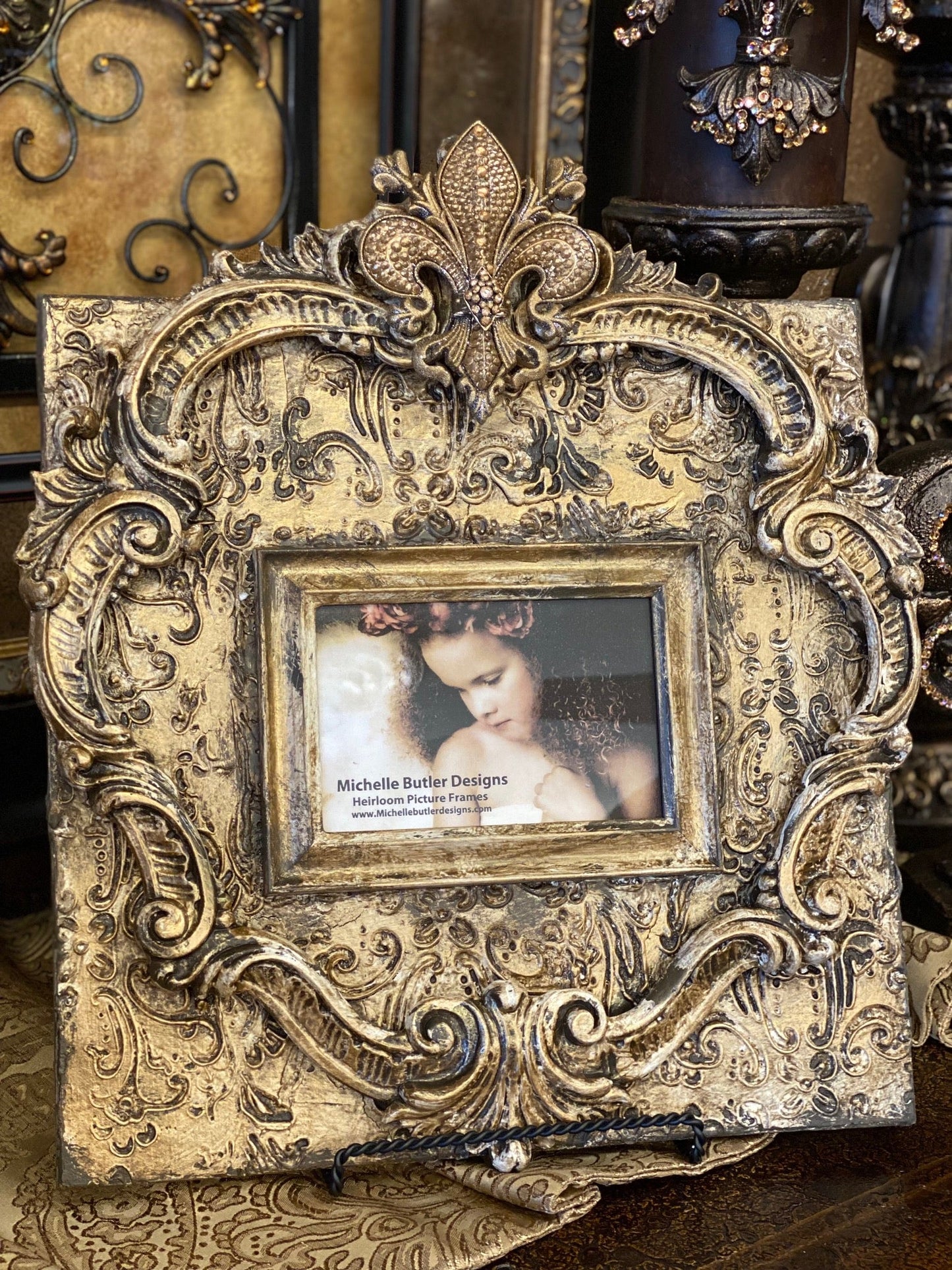 Michelle Butler Tabletop Frame With Jeweled Fleur De Lis And Scrolls Frames