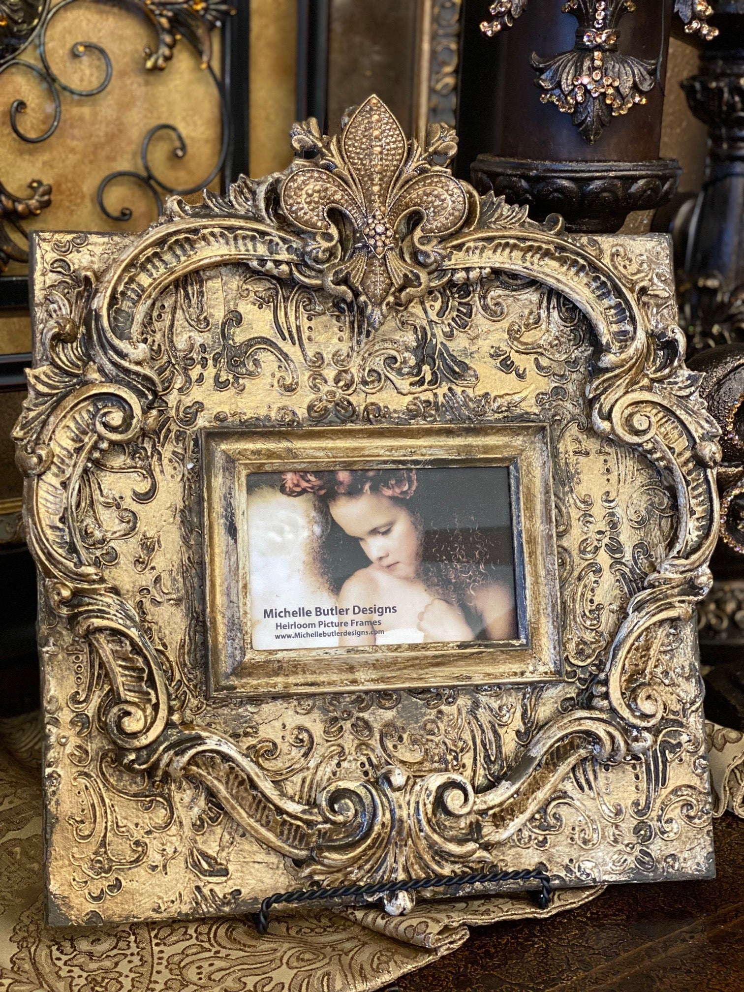 Michelle Butler Tabletop Frame With Jeweled Fleur De Lis And Scrolls Frames