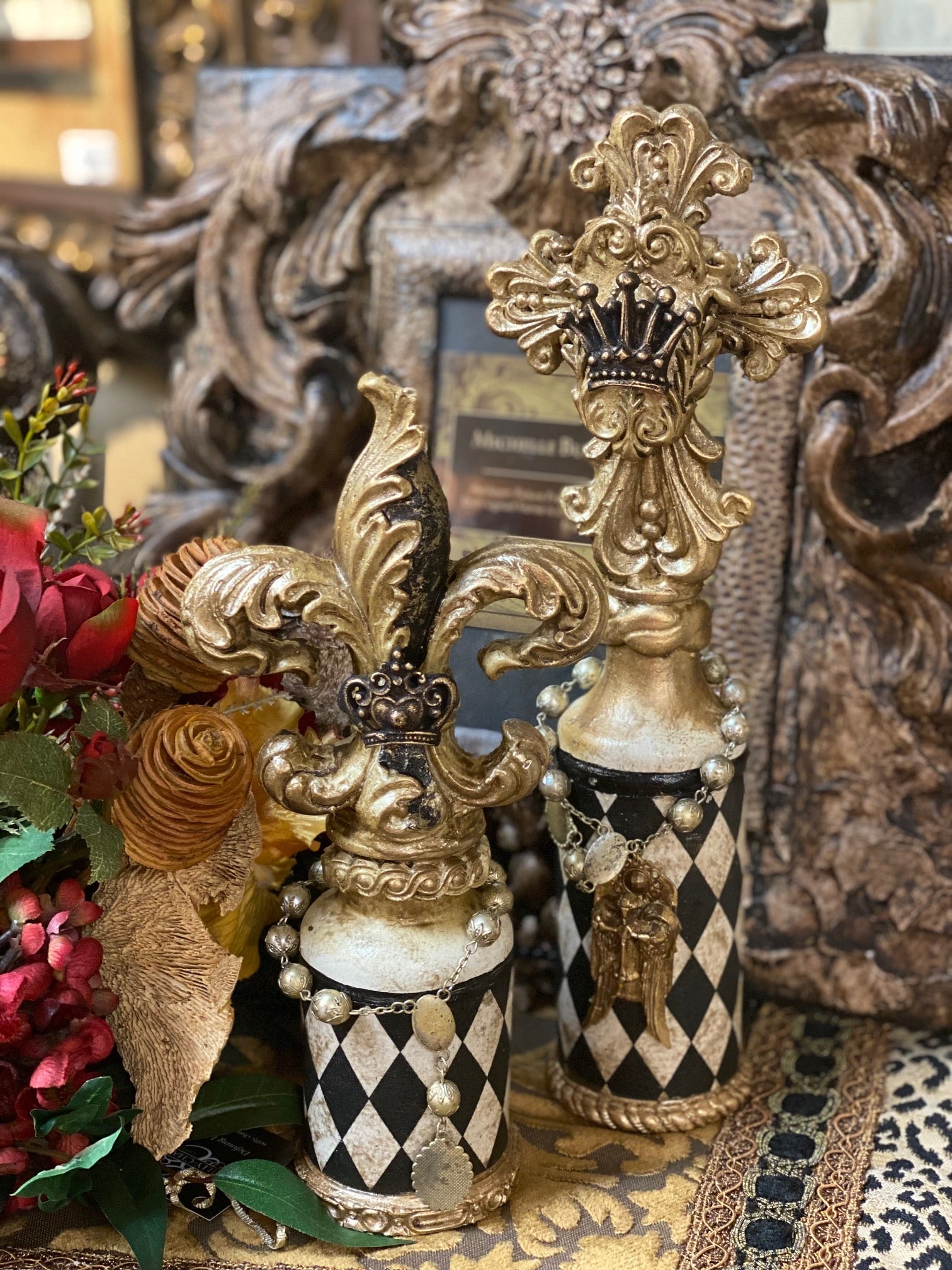 Michelle Butler Decorative Small Bottles Harlequin Cross With Crown And Fleur De Lis
