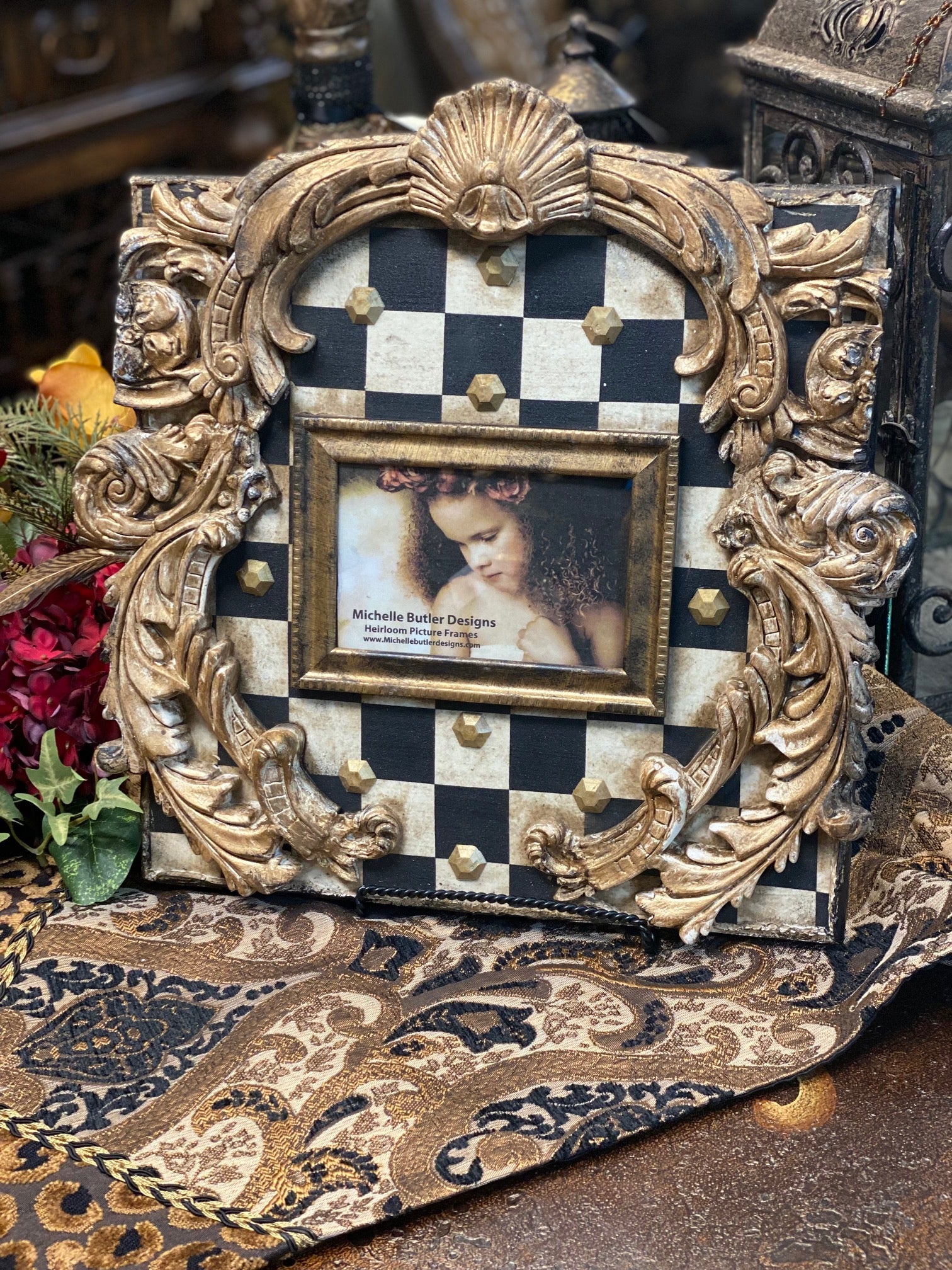 Michelle Butler Heirloom Tabletop Frame Scrolls With Checkerboard Pattern Frames