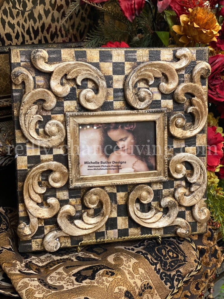 Michelle Butler Tabletop Frame with Checkerboard Pattern and Scrolls