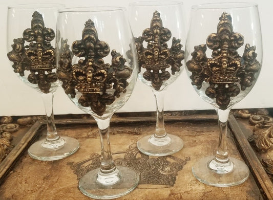 Set Of 2 Michelle Butler Jeweled Wine Glasses With Crown Plaques & More
