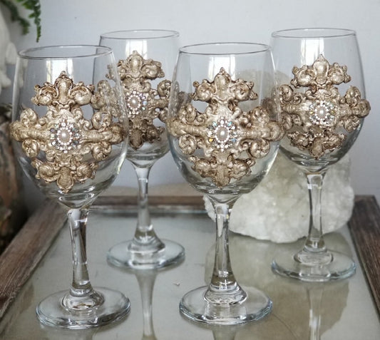 Set Of 2 Michelle Butler Jeweled Wine Glasses With Cross Plaques & More