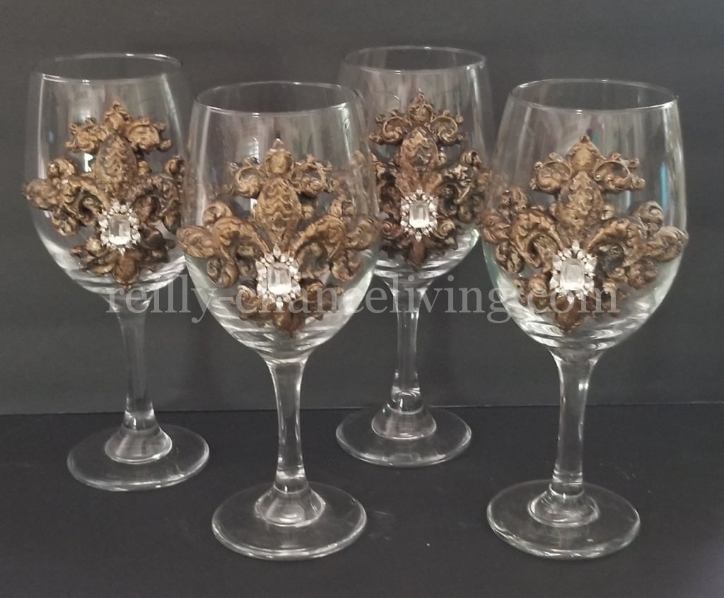 Set of 2 Michelle Butler Jeweled Wine Glasses with Fleur de Lis