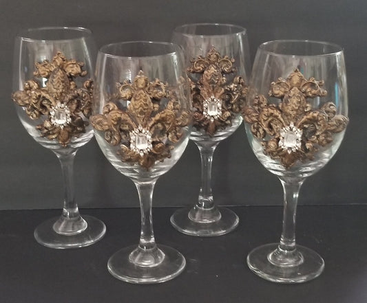 Set Of 2 Michelle Butler Jeweled Wine Glasses With Fleur De Lis Plaques & More