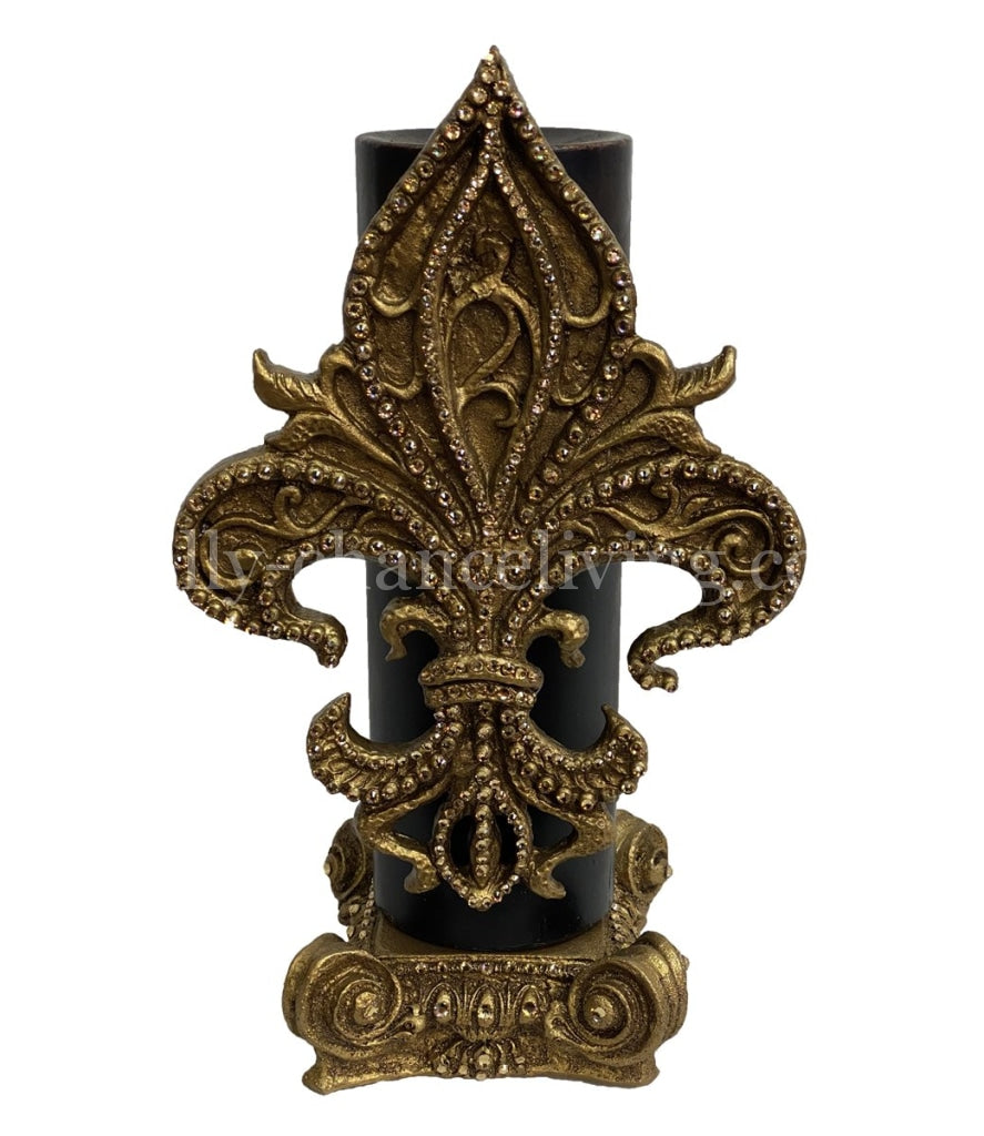 Decorative Candle 4x12 Large Jeweled Fleur de Lis on 4x3 Jeweled Base