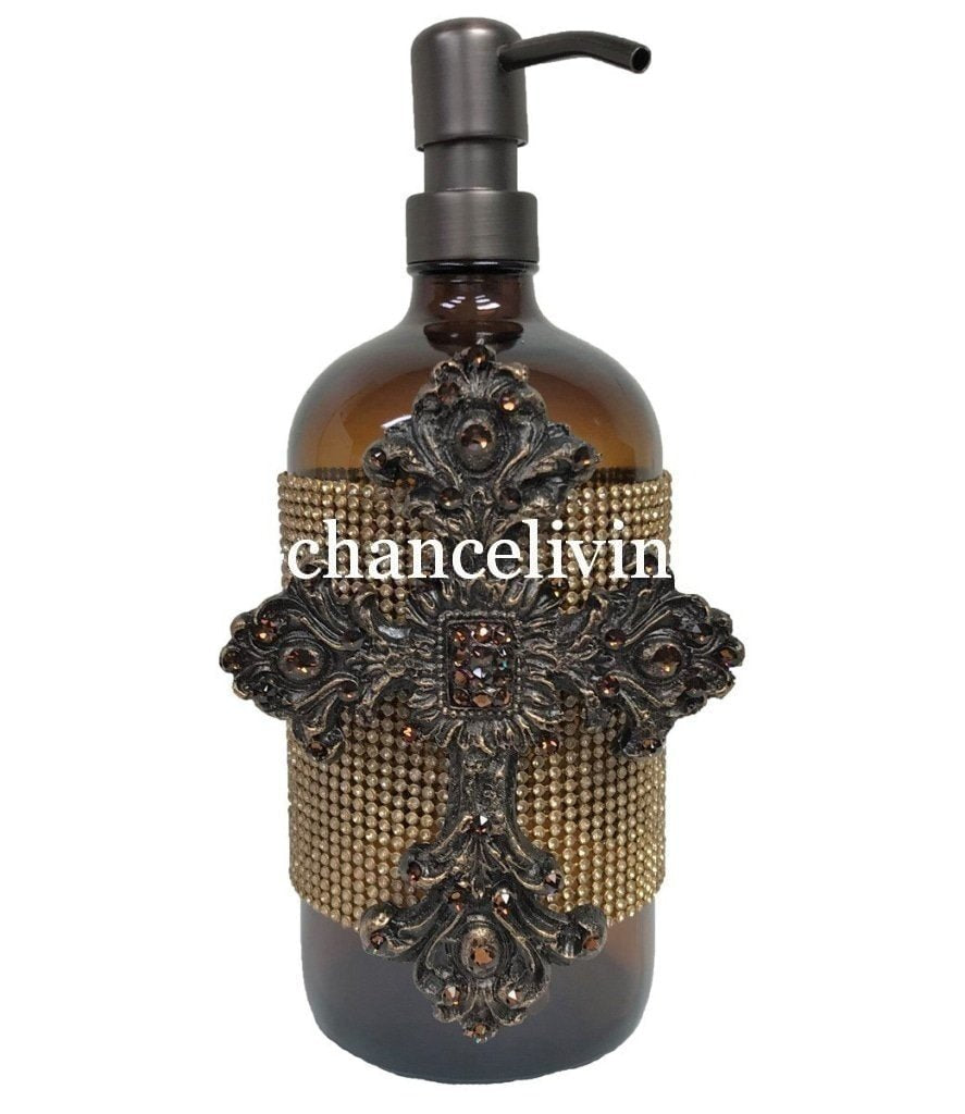 Old World Soap Dispenser With Jeweled Cross Bathroom Vanity Accessories