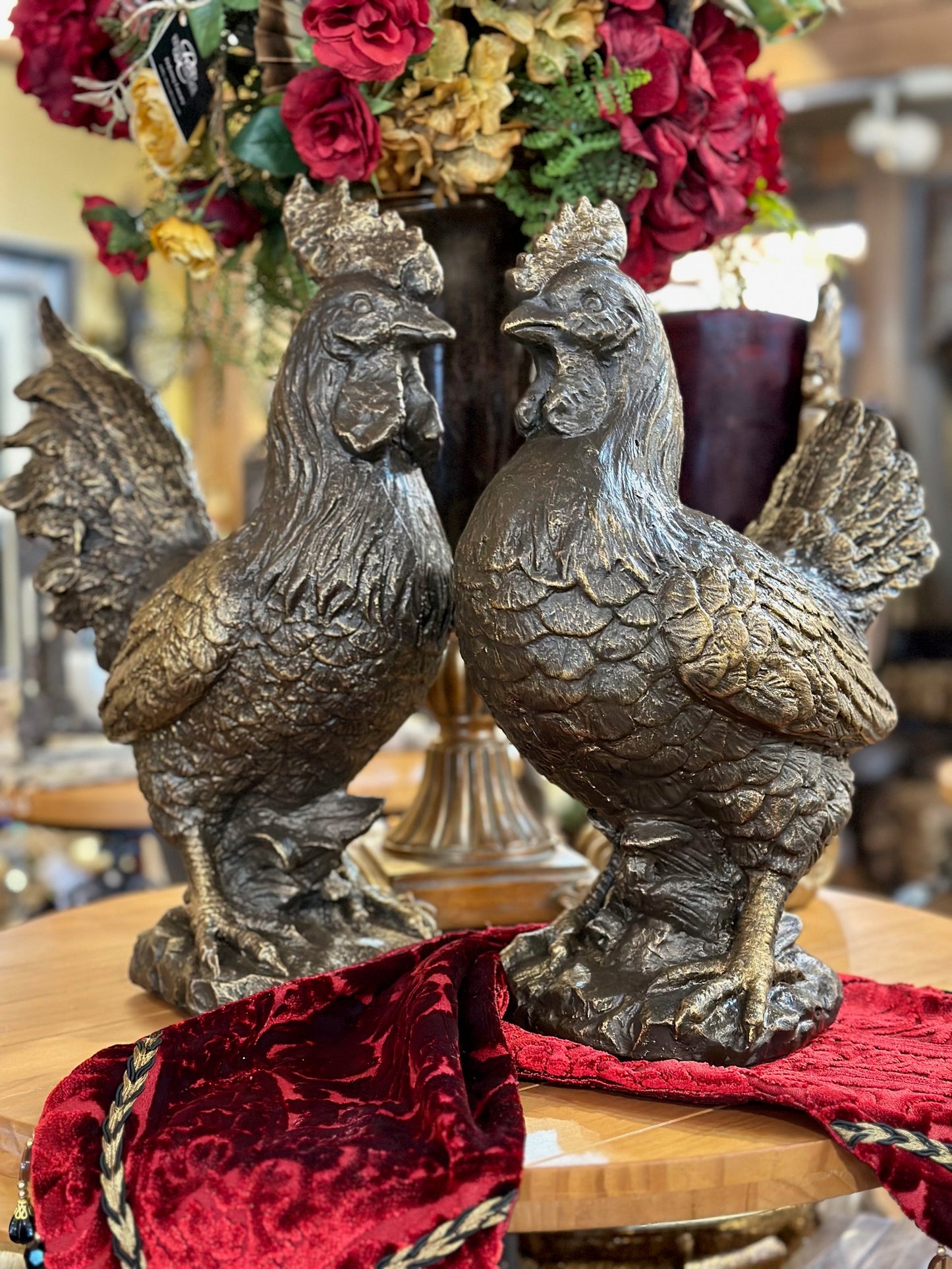 Set of 2 Large Rooster and Hen Bronze