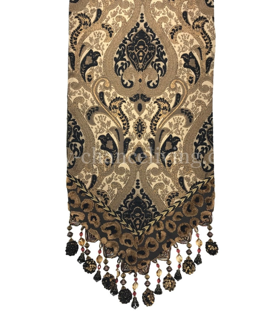 Small Luxury Table Runner Black and Bronze Damask Chenille