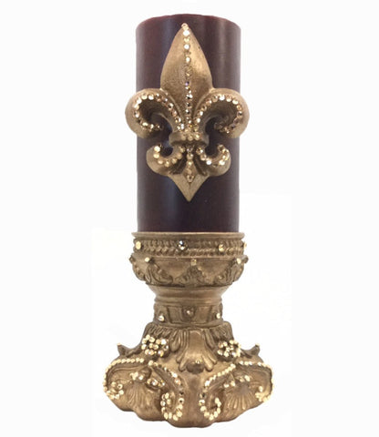 Decorative 3X6 Candle Jeweled Fleur De Lis Base Candle/base Combination