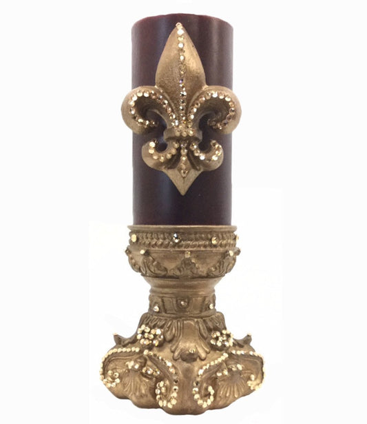 Decorative 3X6 Candle Jeweled Fleur De Lis Base Candle/base Combination