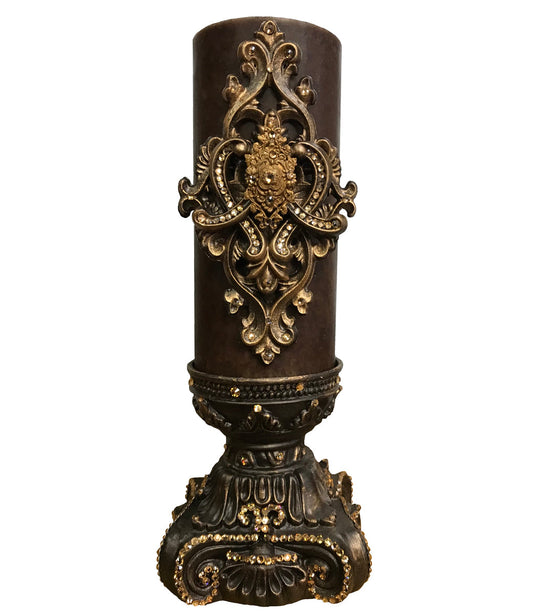 Decorative Candle 4X9 With Large Jeweled Scroll Medallion On 4X6 Base Candle/Base Combination