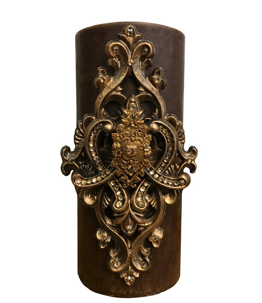 Decorative Candle 4X9 With Large Jeweled Scroll Medallion Candles