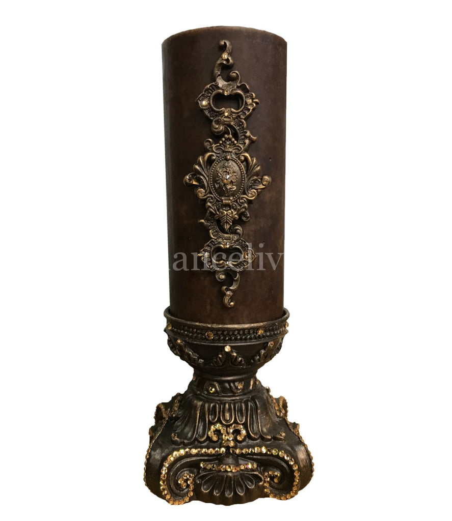 Decorative Candle 4x9 with Jeweled Scroll Medallion on 4x6 Jeweled Candle Base