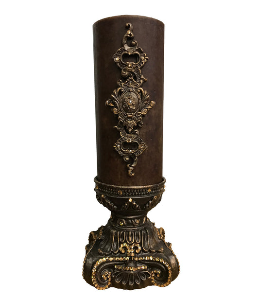 Decorative Candle 4X9 With Jeweled Scroll Medallion On 4X6 Base Candle/Base Combination