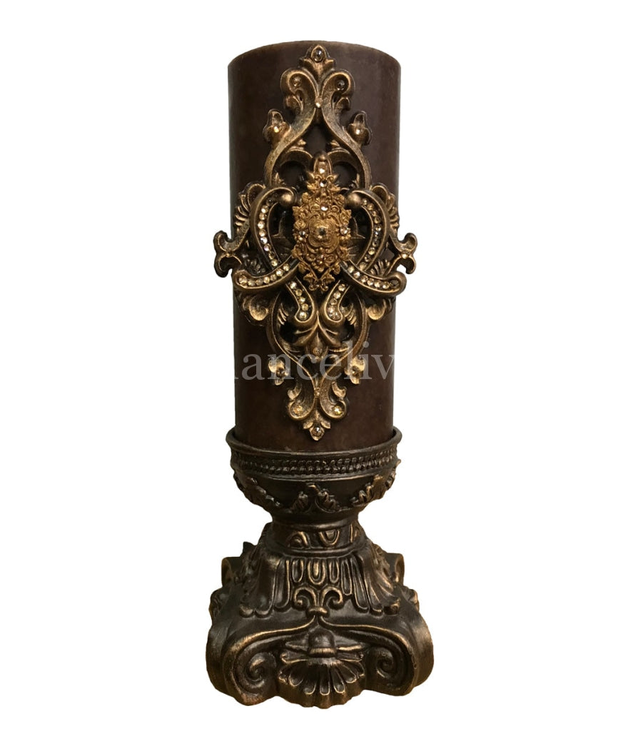 Decorative Candle 4x9 with Large Jeweled Scroll Medallion on 4x6 Candle Base