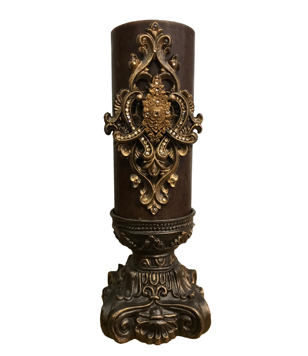 Decorative Candle 4X9 With Large Jeweled Scroll Medallion On 4X6 Base Candle/Base Combination