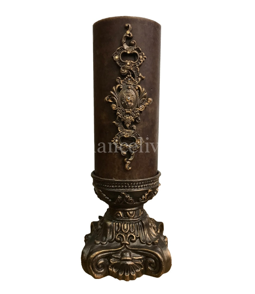 Decorative Candle 4x9 with Jeweled Scroll Medallion on 4x6 Candle Base