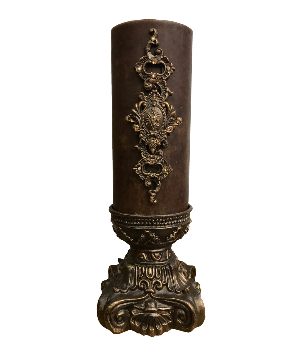 Decorative Candle 4X9 With Jeweled Scroll Medallion On 4X6 Base Candle/Base Combination