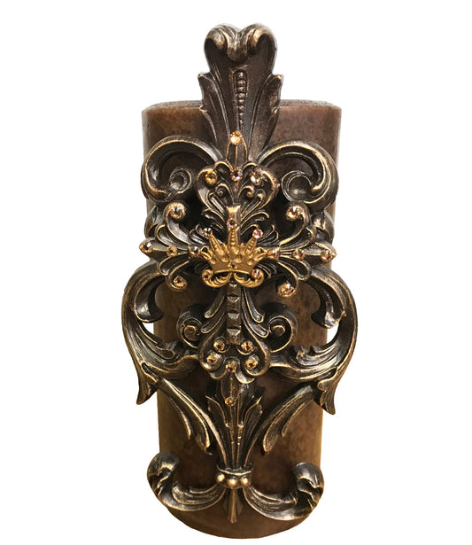 Decorative Candle 4X9 With Large Jeweled Scroll Cross An Crown Medallion Candles