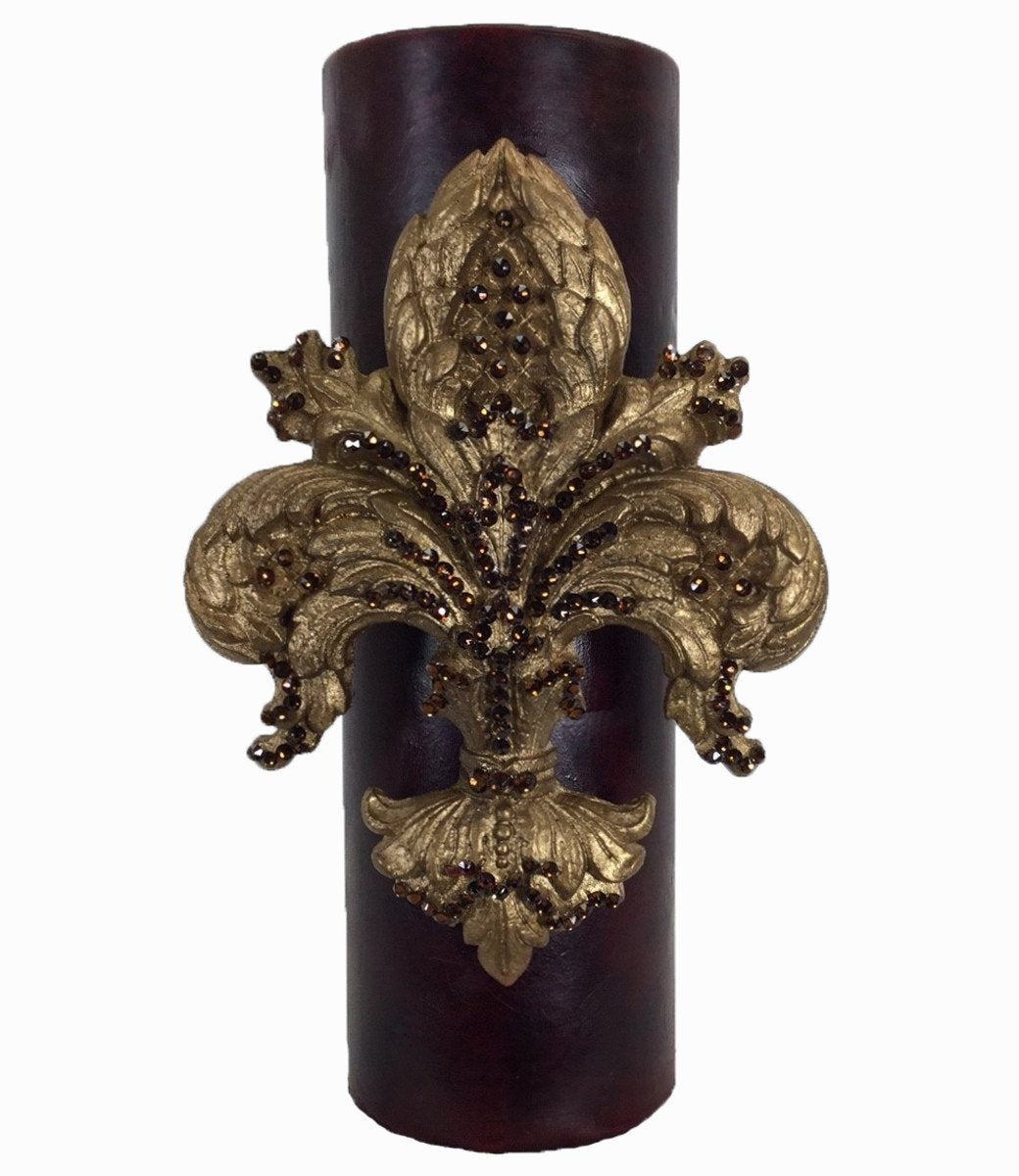 Triple_scented_candle-hand_poured-gold-4x12-vetyver-swarovski_jeweled_fleur_de_lis-decorative_candles-sir_oliver-reilly_chance_collection