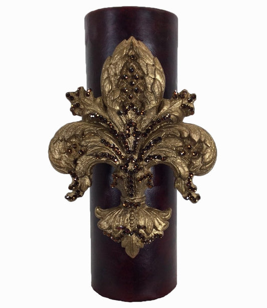 Triple_scented_candle-hand_poured-gold-4x12-vetyver-swarovski_jeweled_fleur_de_lis-decorative_candles-sir_oliver-reilly_chance_collection