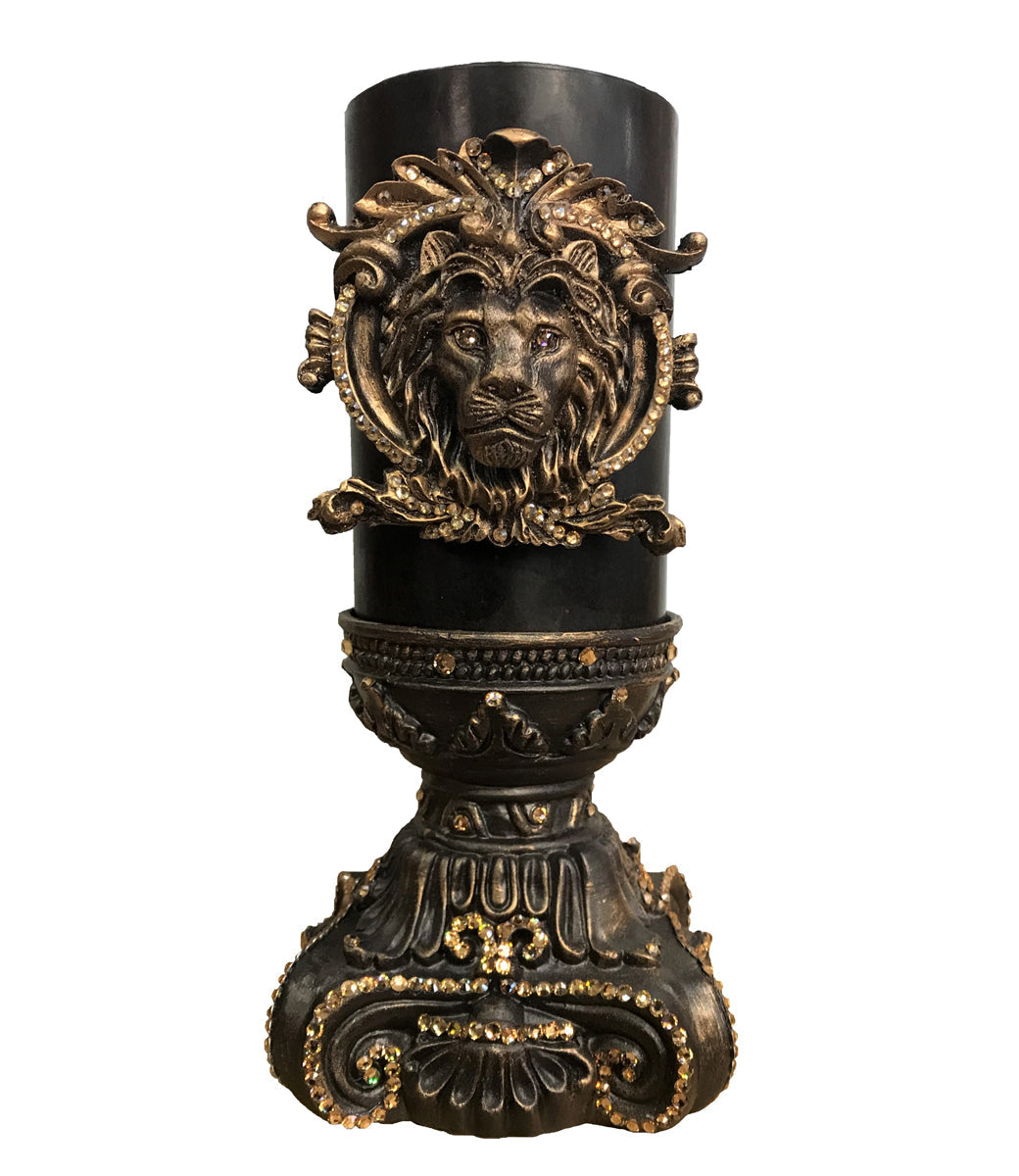 Decorative Candle 4X9 With Jeweled Lion Head On 4X6 Base Candle/Base Combination